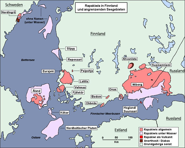 Karte der Rapakiwplutone in Finnland und der Ostsee